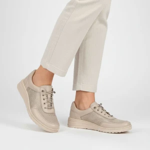 Półbuty damskie Wasak, cholewka skóra naturalna elementy materiałowe siateczkowe sznurowanie gruba podeszwa profilowana, beżowe, 0763