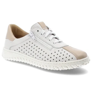 Półbuty damskie Wasak, z perforowaną cholewką na lekkiej elastycznej podeszwie z bocznym zamkiem i subtelnymi wstawkami, białe, 0812