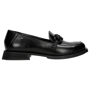 Czarne skórzane mokasyny damskie z błyszcząca ozdobą 46353-51 Wojas
