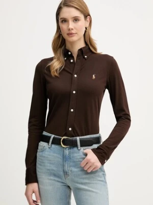 Polo Ralph Lauren koszula bawełniana damska kolor brązowy regular z kołnierzykiem klasycznym 211924258