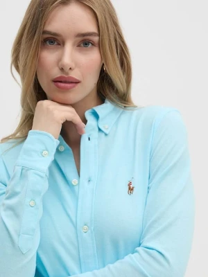 Polo Ralph Lauren koszula bawełniana damska kolor turkusowy regular z kołnierzykiem klasycznym 211924258