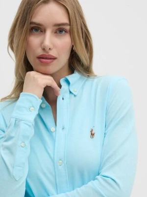 Polo Ralph Lauren koszula bawełniana damska kolor turkusowy regular z kołnierzykiem klasycznym 211924258