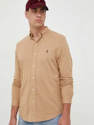 Polo Ralph Lauren koszula bawełniana męska kolor beżowy regular z kołnierzykiem button-down