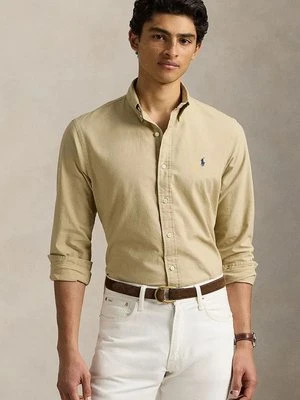 Polo Ralph Lauren koszula bawełniana męska kolor beżowy slim z kołnierzykiem button-down 710960643