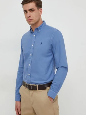 Polo Ralph Lauren koszula bawełniana męska kolor niebieski slim z kołnierzykiem button-down
