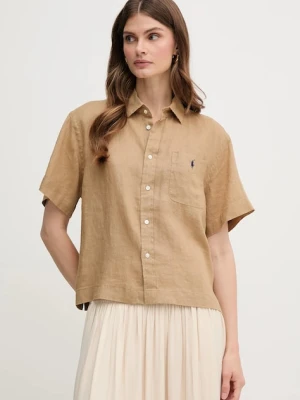 Polo Ralph Lauren koszula lniana damska kolor beżowy relaxed z kołnierzykiem klasycznym 211965847
