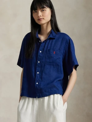 Polo Ralph Lauren koszula lniana damska kolor granatowy relaxed z kołnierzykiem klasycznym 211965847