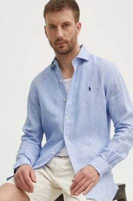 Polo Ralph Lauren koszula lniana kolor niebieski slim z kołnierzykiem włoskim 712938931