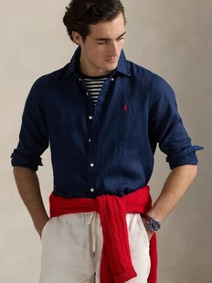 Polo Ralph Lauren koszula lniana Long Sleeve Sport Shirt kolor granatowy regular z kołnierzykiem klasycznym 710966294
