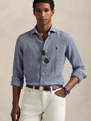 Polo Ralph Lauren koszula lniana męska kolor granatowy regular z kołnierzykiem klasycznym 710968971