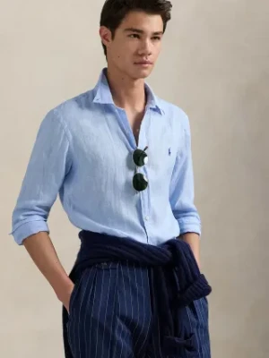 Zdjęcie produktu Polo Ralph Lauren koszula lniana męska kolor granatowy slim z kołnierzykiem button-down 710968915