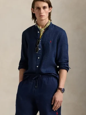 Polo Ralph Lauren koszula lniana męska kolor granatowy slim ze stójką 710968925