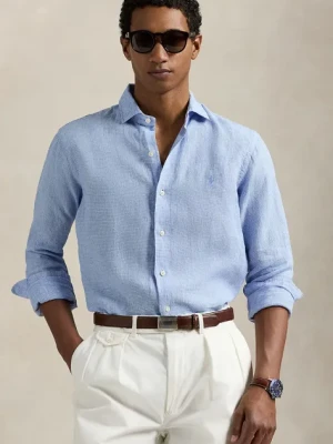 Polo Ralph Lauren koszula lniana męska kolor niebieski regular z kołnierzykiem klasycznym 710968971