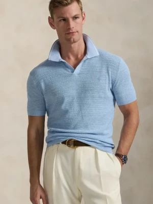 Polo Ralph Lauren polo z domieszką lnu kolor niebieski gładki 710934180