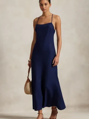 Polo Ralph Lauren sukienka lniana kolor granatowy maxi rozkloszowana 211965858