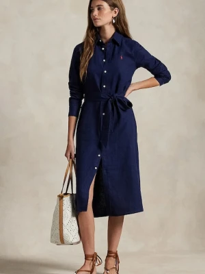 Polo Ralph Lauren sukienka lniana kolor granatowy midi rozkloszowana 211943992