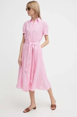 Polo Ralph Lauren sukienka lniana kolor różowy midi prosta 211935154