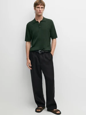 Polo Z Prążkowanej Dzianiny Bawełnianej - Zielony Butelkowy - Massimo Dutti - Male