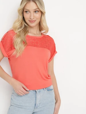 Pomarańczowa Ażurowa Bluzka z Wiskozy Ozdobiona Guzikami Elloria Fashion