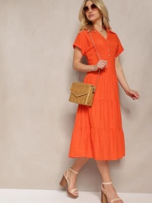 Pomarańczowa Ażurowa Sukienka z Bawełny z Krótkim Rękawem i Guzikami Obitha