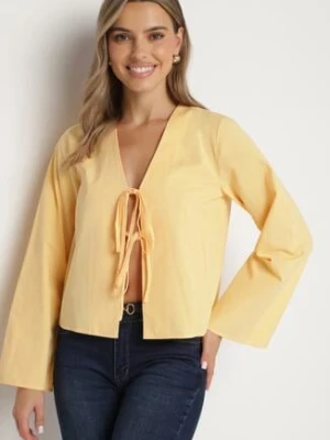 Pomarańczowa Bawełniana Bluzka Narzutka Wiązana na Troczki z Szerokimi Rękawami Calorea rosa