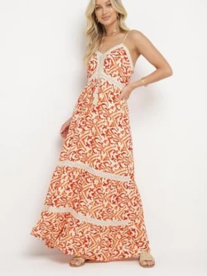 Pomarańczowa Bawełniana Sukienka na Cienkich Ramiączkach Zdobiona Haftem z Gumką w Pasie Vikalia rosa