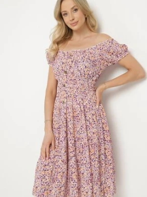 Jasnoróżowa Bawełniana Sukienka z Bufiastymi Rękawami i Guzikami Villio defox