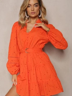 Pomarańczowa Bawełniana Sukienka z Haftem na Guziki z Gumką w Pasie oraz Paskiem Weritte bisou's project