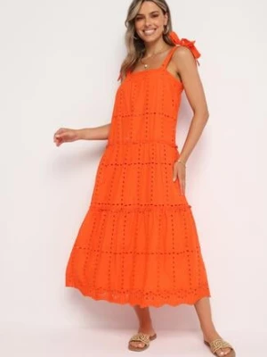 Pomarańczowa Bawełniana Sukienka z Ozdobnym Haftem na Ramiączkach z Kokardkami Quonea