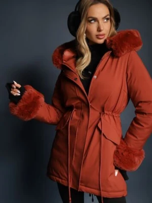 Pomarańczowa Dwustronna Kurtka o Fasonie Parki z Kapturem i Odpinanym Futerkiem Nevetalie