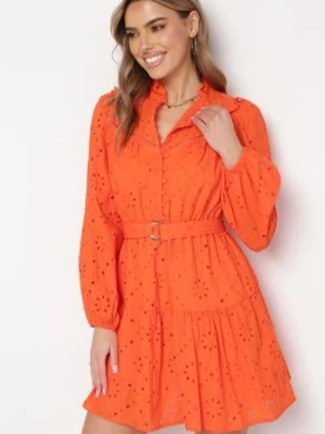 Pomarańczowa Haftowana Sukienka Mini z Bawełny z Paskiem i Ażurowym Wzorem Aislina