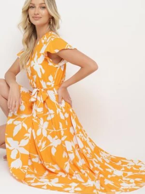 Pomarańczowa Kopertowa Plisowana Sukienka z Gumką i Paskiem w Talii Denevia