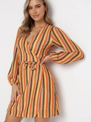 Pomarańczowa Kopertowa Sukienka z Głębokim Dekoltem i Materiałowym Paskiem Cavila retro & icone