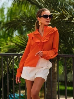 Pomarańczowa Koszula z Falbanami i Koronkowymi Wstawkami Eletoma retro & icone