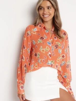 Pomarańczowa Koszula z Transparentnej Tkaniny w Kwiaty Brumelia