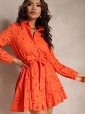 Pomarańczowa Koszulowa Sukienka Ażurowa z Wiązanym Paskiem Faeyela