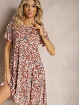 Pomarańczowa Krótka Sukienka w Stylu Boho z Elastycznej Wiskozy z Krótkimi Rękawami Ailoni Sweet&girl