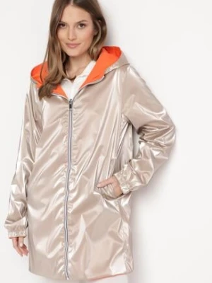 Pomarańczowa Kurtka Dwustronna z Nieodpinanym Kapturem i Metalicznym Efektem Lirednil melya by melody
