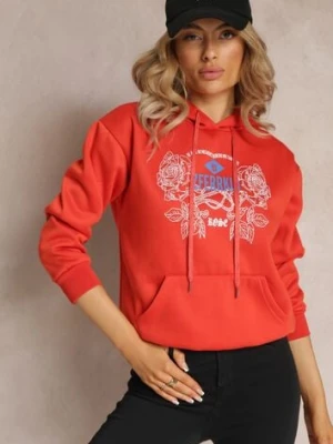 Pomarańczowa Modna Bluza z Nadrukiem i Kapturem Ozdobiona Nadrukiem Arinalu h&s