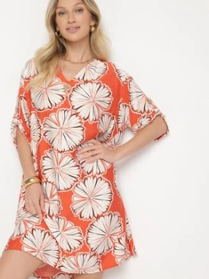 Pomarańczowa Pudełkowa Sukienka z Lnem i Wiskozą w Kwiaty Rinosea rosita