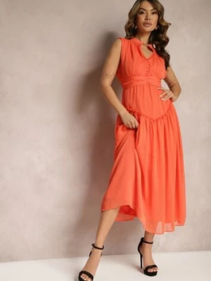 Pomarańczowa Rozkloszowana Sukienka Długa z Guzikami o Taliowanym Fasonie Jovitta bisou's project