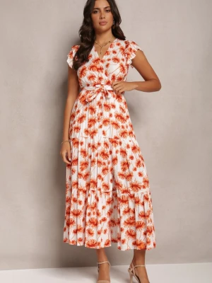 Pomarańczowa Rozkloszowana Sukienka Maxi w Kwiatowy Print z Gumką w Pasie Javiky Rosa
