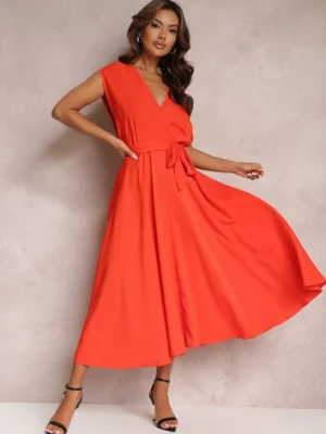 Pomarańczowa Rozkloszowana Sukienka Maxi z Kopertowym Dekoltem i Wiązanym Paskiem Hallona