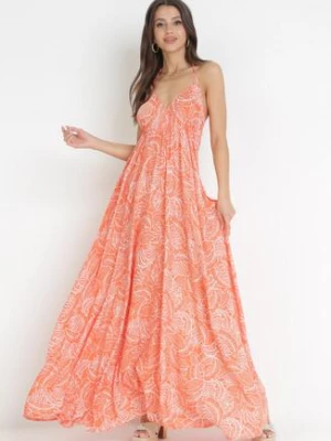 Pomarańczowa Rozkloszowana Sukienka Maxi z Wiązaniem na Szyi Inabella