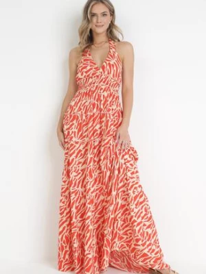 Pomarańczowa Rozkloszowana Sukienka Maxi z Wiązaniem na Szyi Persina