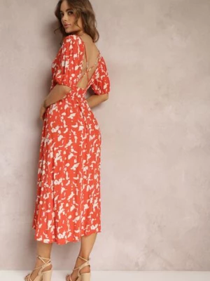 Pomarańczowa Rozkloszowana Sukienka Mii z Gumką w Talii z Głębokim Dekoltem z Wiskozy Xyra