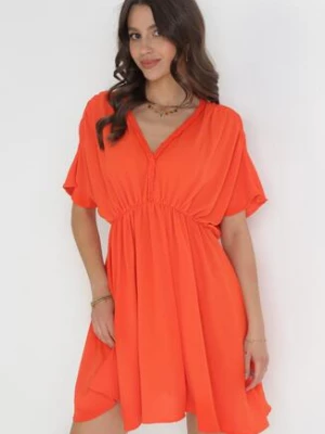 Pomarańczowa Rozkloszowana Sukienka Mini z Gumką w Pasie i Marszczeniami Enzlie
