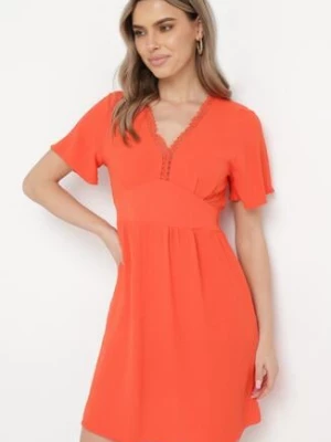 Pomarańczowa Rozkloszowana Sukienka Mini z Koronkowymi Wstawkami Setaya
