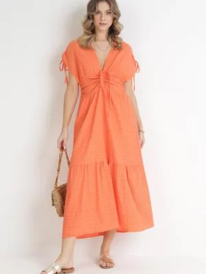 Pomarańczowa Rozkloszowana Sukienka z Falbaną Atina