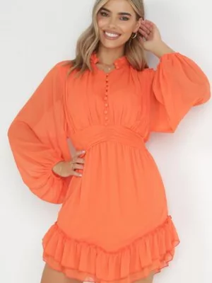 Pomarańczowa Rozkloszowana Sukienka z Falbanką Harlin